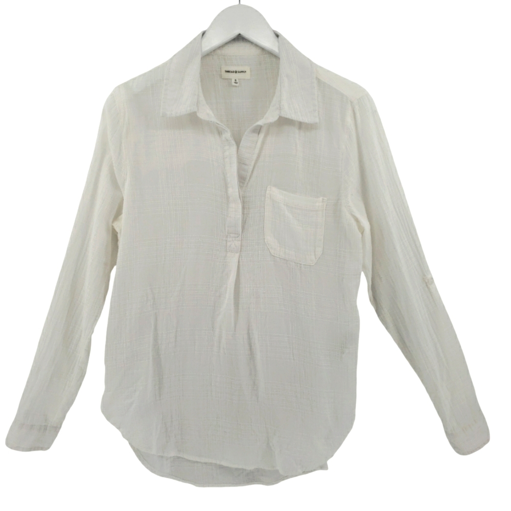 Thread & Supply Popover Shirt Small in White Roll Tab Sleeve Slightly Textured